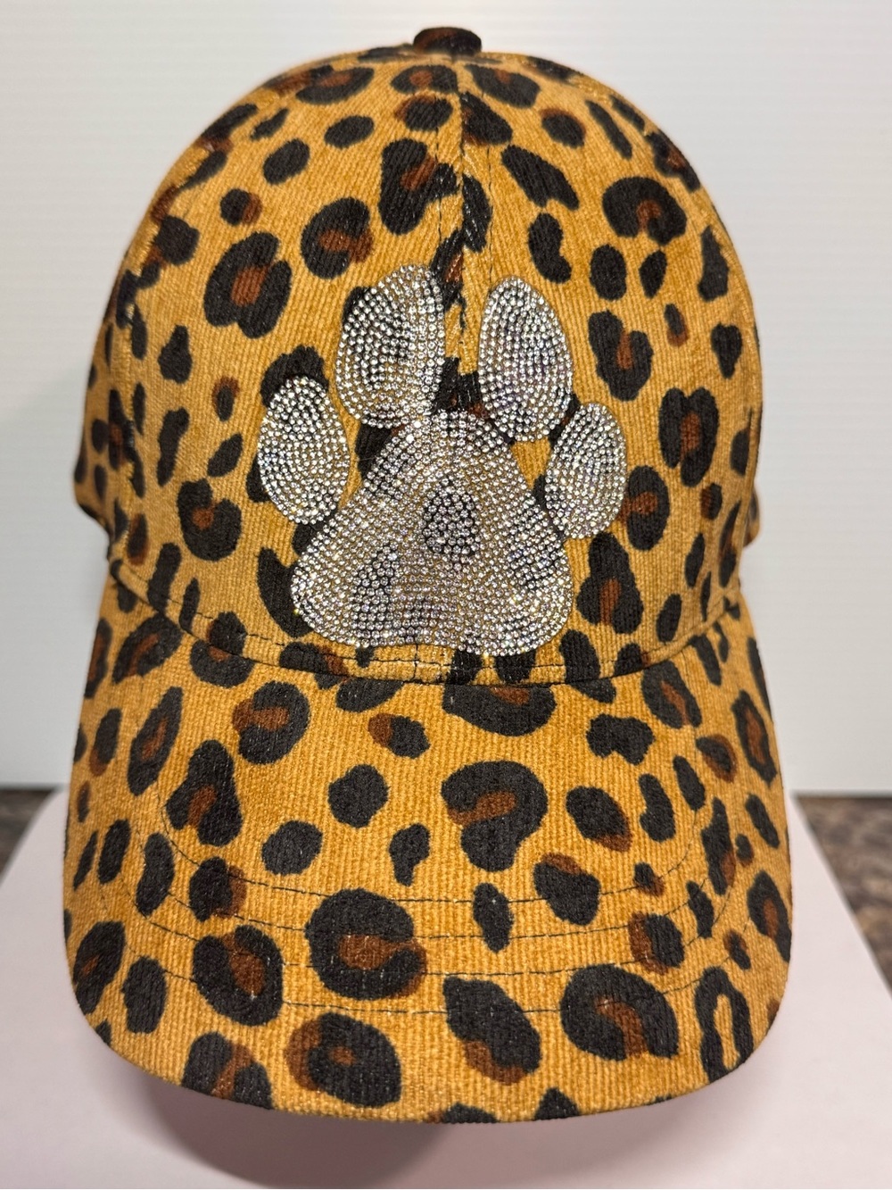 Leopard Print Rhinestone Paw Baseball Cap - Tan